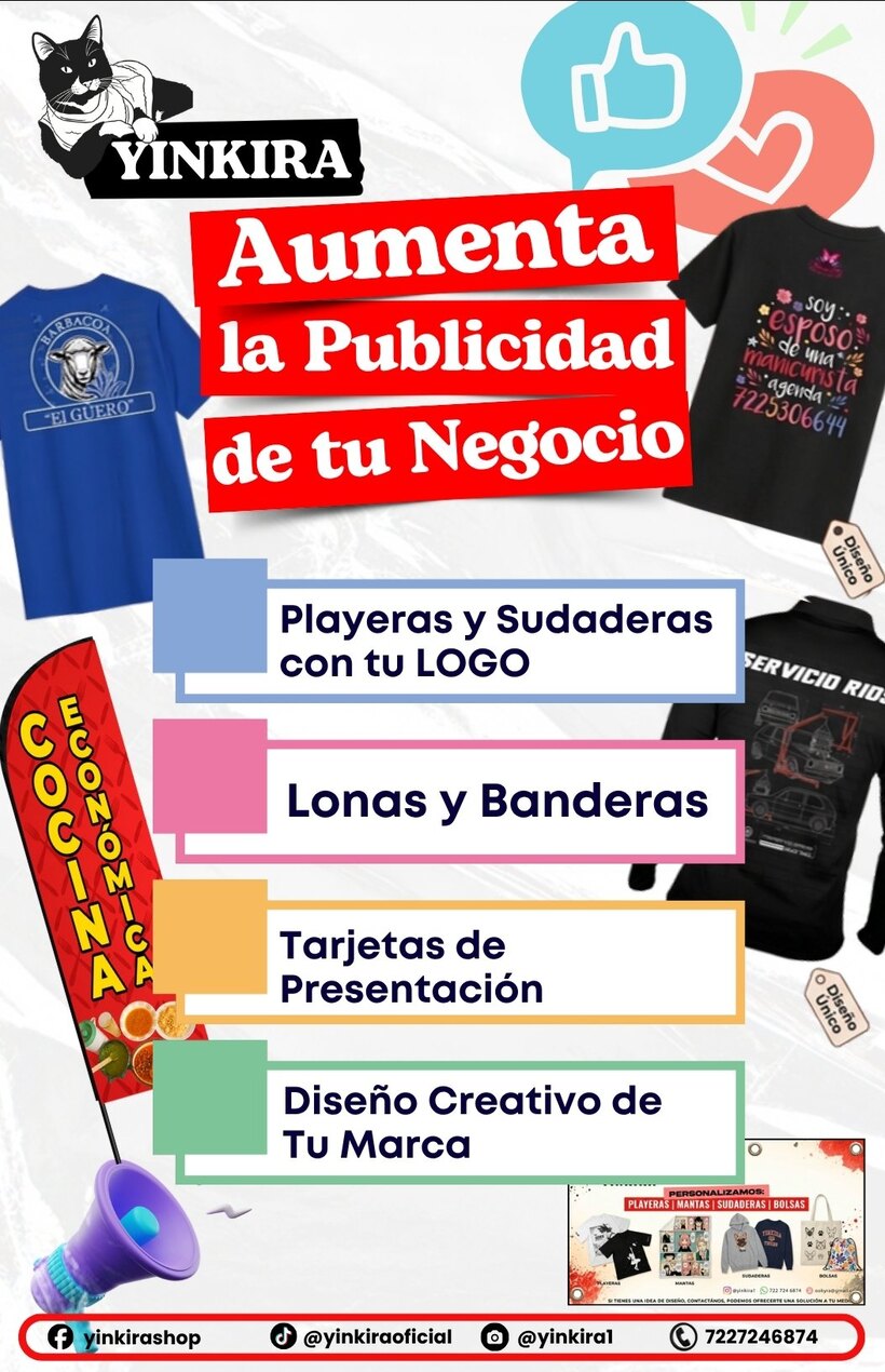 Aumenta la publicidad de tu negocio: playeras y sudaderas con tu logo, lonas y banderas, tarjetas de presentación y diseño de marca