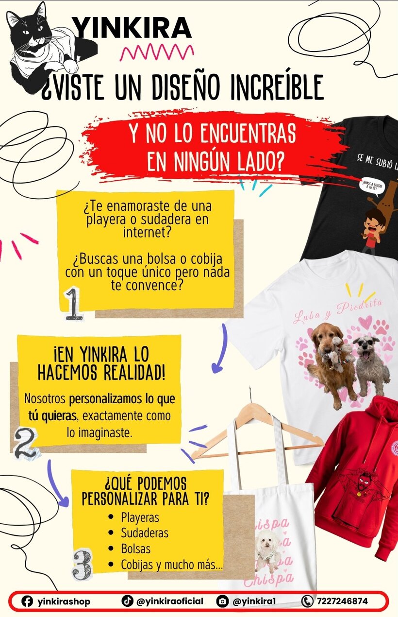 ¿Viste un diseño increíble y no lo encuentras? En Yinkira lo hacemos realidad — playeras, sudaderas, bolsas y cobijas personalizadas