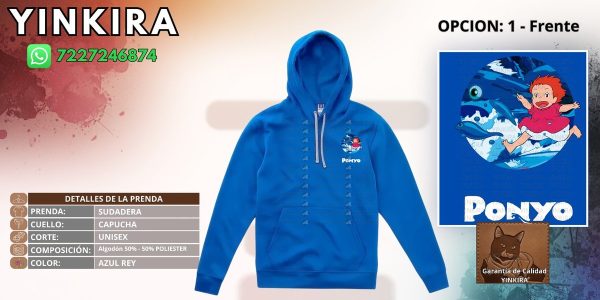 Primer prediseno del frente de la sudadera azul rey, con logotipo pequeno en el pecho