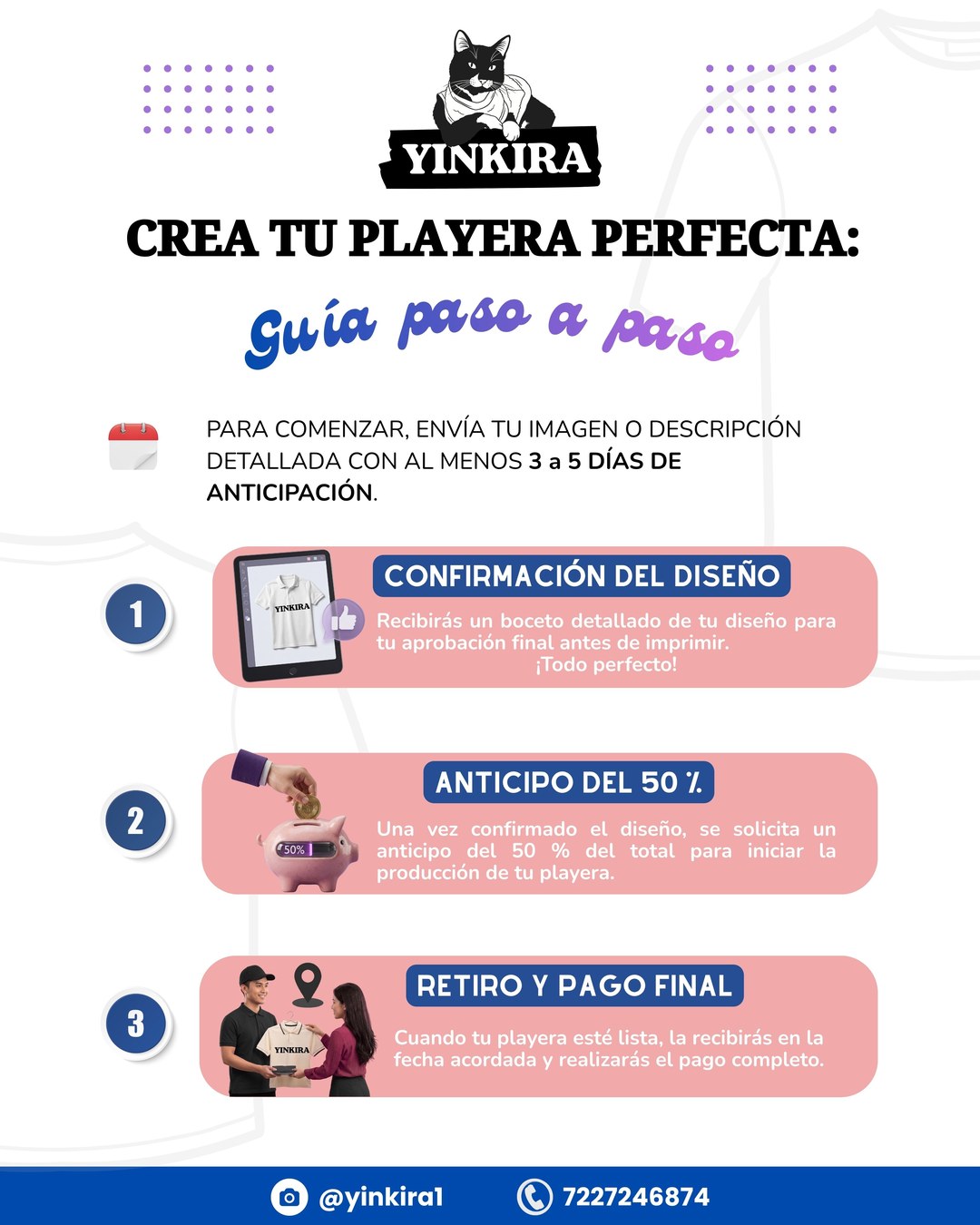 Guía paso a paso Yinkira: 1) confirmación del diseño, 2) anticipo del 50% al hacer tu pedido, 3) retiro y pago final en la fecha acordada