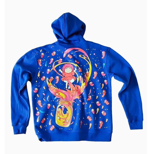Sudadera azul personalizada con un estampado grande a todo color que cubre la espalda completa